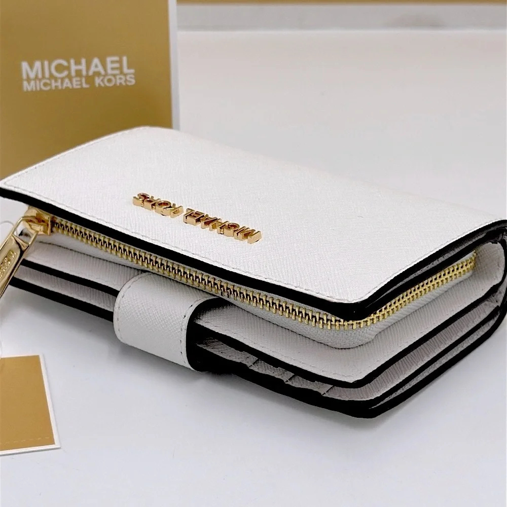 Michael Medium Crossgrain Leather Bifold Wallet Optic White  NWT